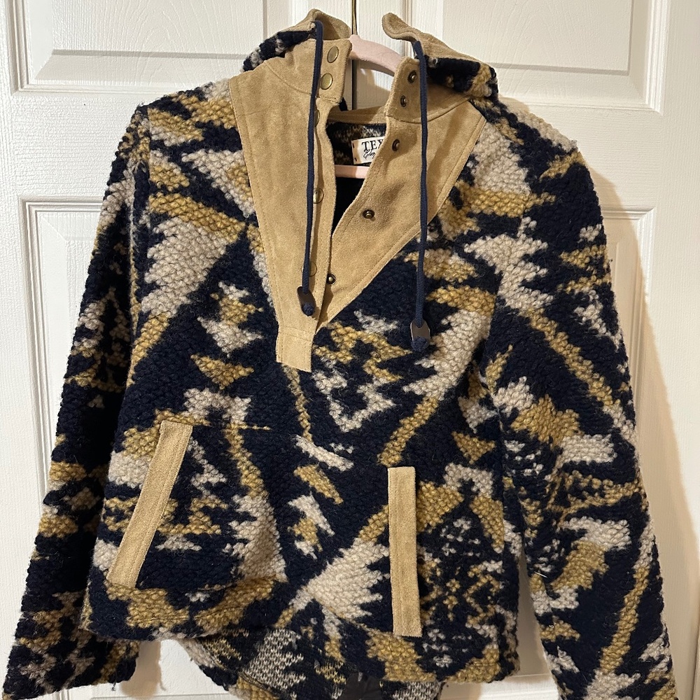 Textile Elizabeth Hooded Wool Jacket Leather Trim Boho Cozy M